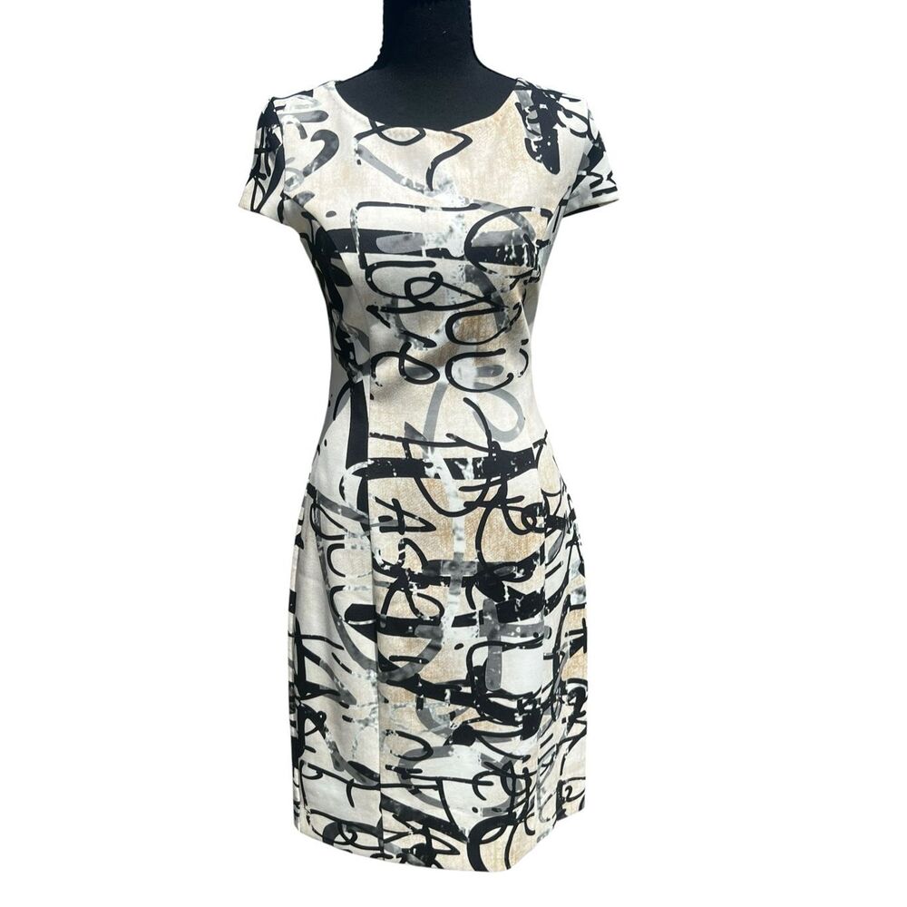Max Mara Alcali Scribble Print Sheath black white abstract art midi Dress